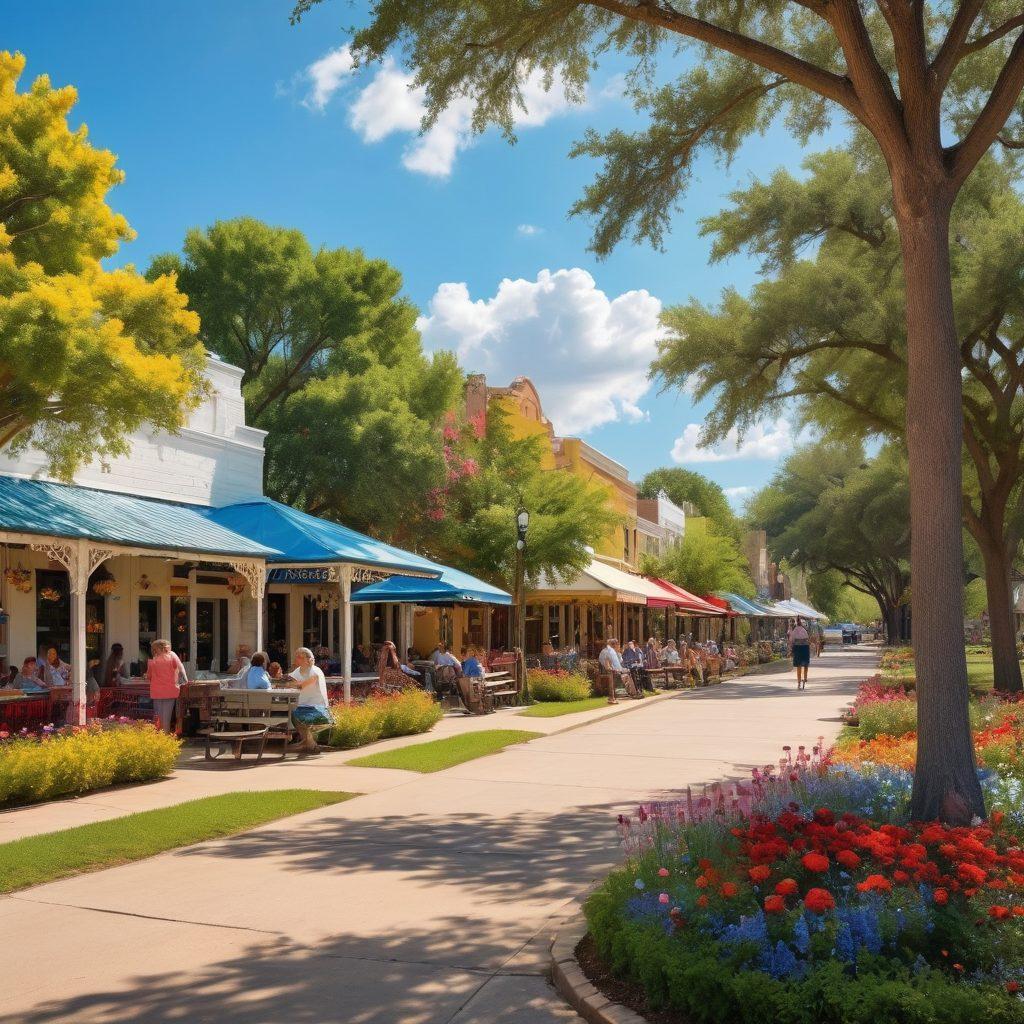 A picturesque view of Somerville, Texas, featuring cheerful residents enjoying a sunny day at a vibrant park, surrounded by blooming flowers and tall, lush trees. Add colorful picnic setups and families playing games, with the charming town's quaint buildings in the background. The sky is bright blue with fluffy white clouds, conveying a sense of happiness and community. super-realistic. vibrant colors. sunny atmosphere.
