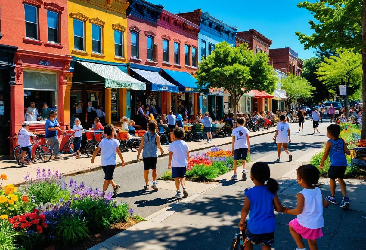 A vibrant scene of Somerville, showcasing a diverse group of joyful people in a park, surrounded by blooming flowers and colorful street art. Children playing, friends laughing, and people enjoying food from local vendors capture the essence of happiness. The sun shines brightly, adding warmth to the atmosphere, while the backdrop features charming Somerville architecture. bright colors. super-realistic. lively and energetic.