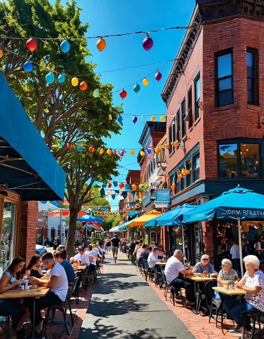 A lively street scene in Somerville, filled with colorful murals, cheerful people enjoying outdoor cafes, and vibrant decorations celebrating local culture. Include children playing, musicians performing, and trees adorned with festive lights, all under a bright blue sky. Create a sense of joy and community. super-realistic. vibrant colors.